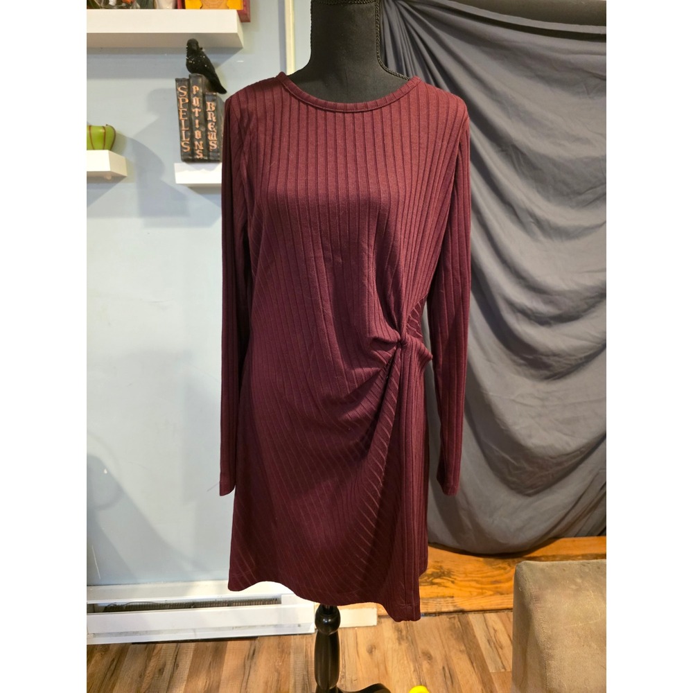 LOFT Burgundy Ribbed Knit Side Knot Twist Mini Dress Long Sleeve Wine Red Large